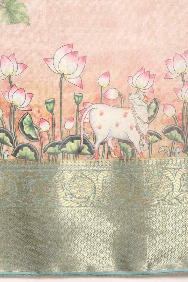 Peach Pichwai Muga Silk Digital Print Saree With Unstitched Blouse Piece (SZ-DGSAVI-1836)