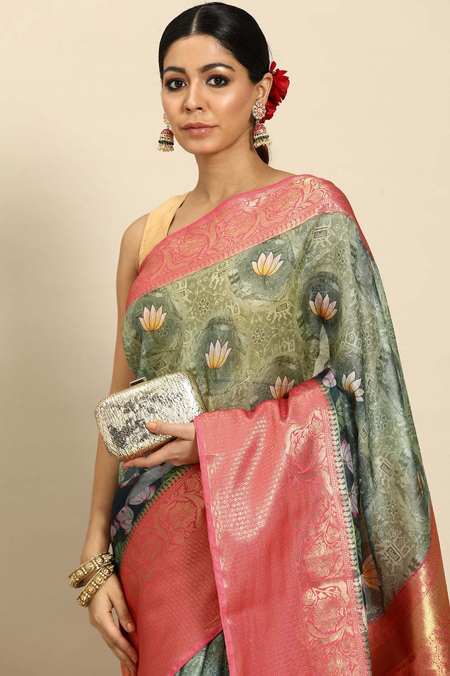 Green Muga Silk Animal Print Saree