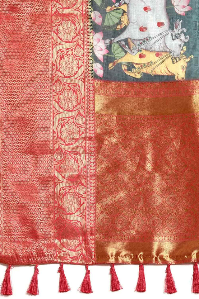 Green Muga Silk Animal Print Saree