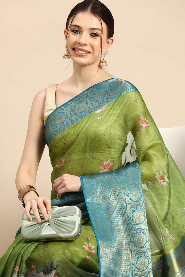 Mahendi Muga Silk Animal Print Saree