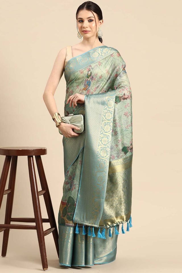 Light Green Muga Silk Animal Print Saree