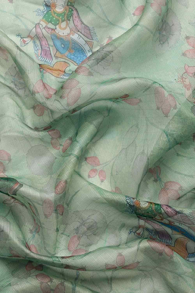 Light Green Muga Silk Animal Print Saree