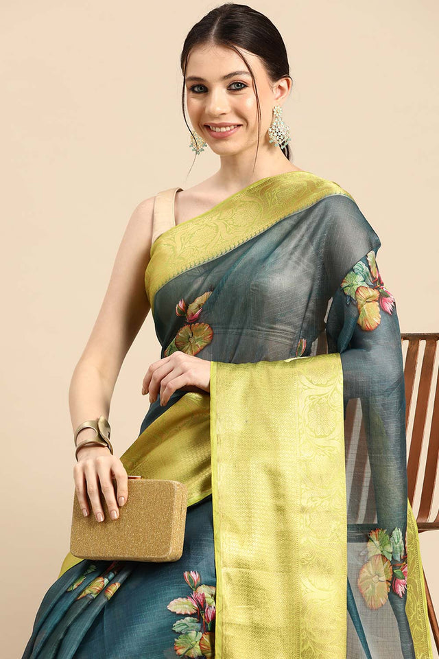 Dark Blue Muga Silk Floral Saree