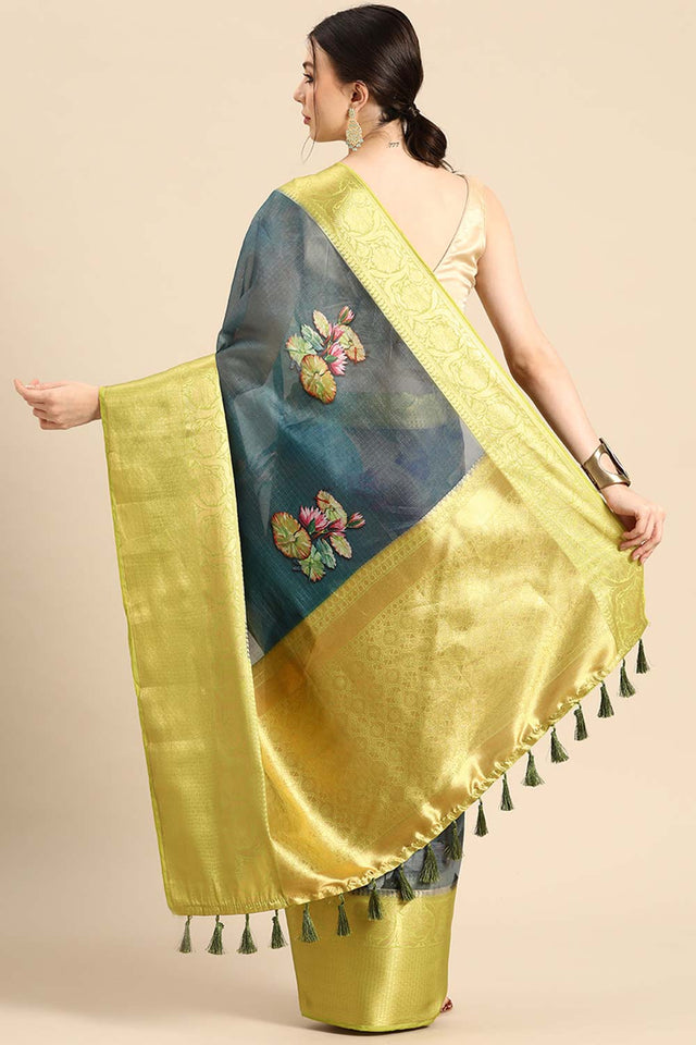 Dark Blue Muga Silk Floral Saree