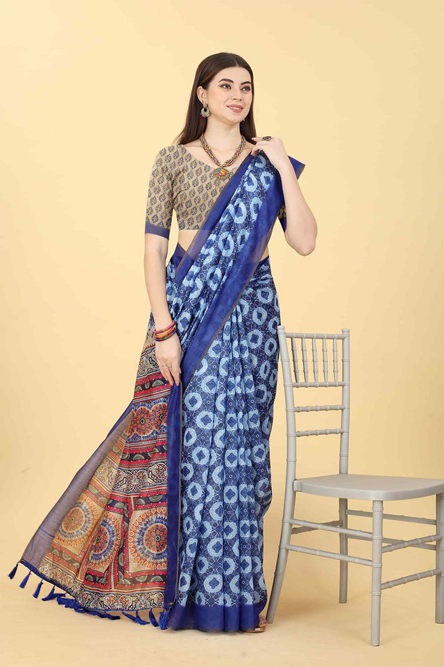 Blue Printed Cotton Blend Saree