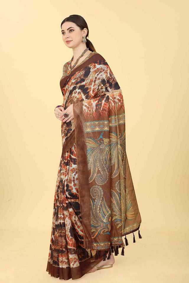 Brown Printed Cotton Blend Saree