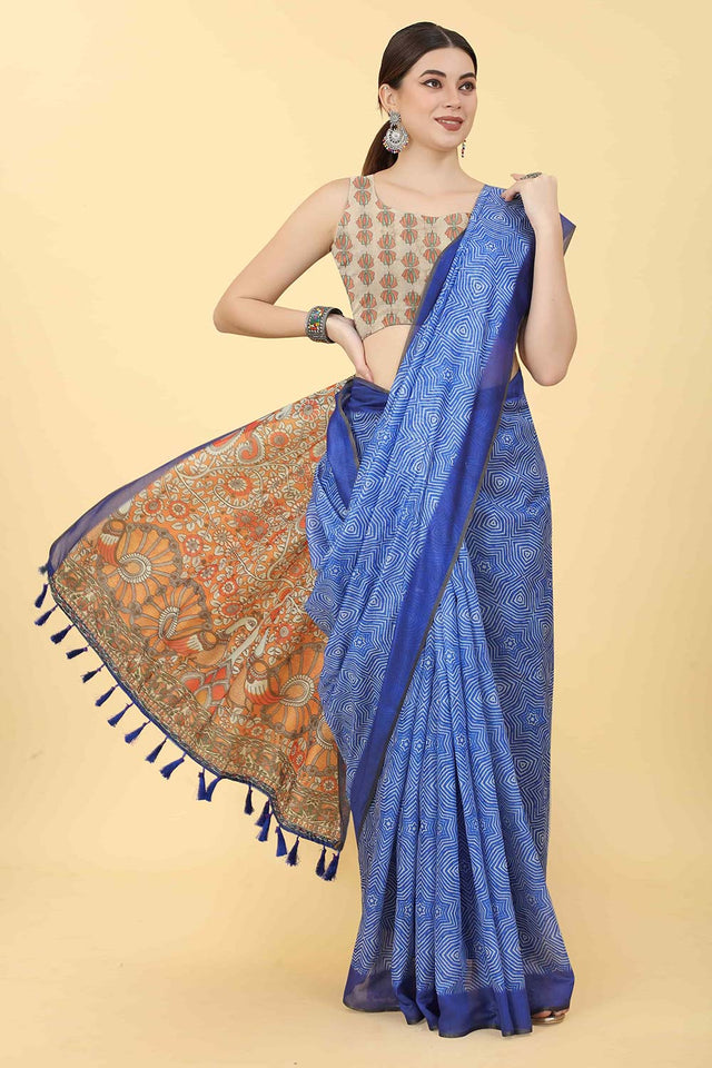 Blue Printed Cotton Blend Saree