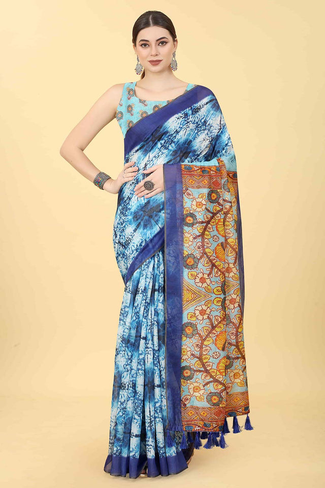 Blue Printed Cotton Blend Saree