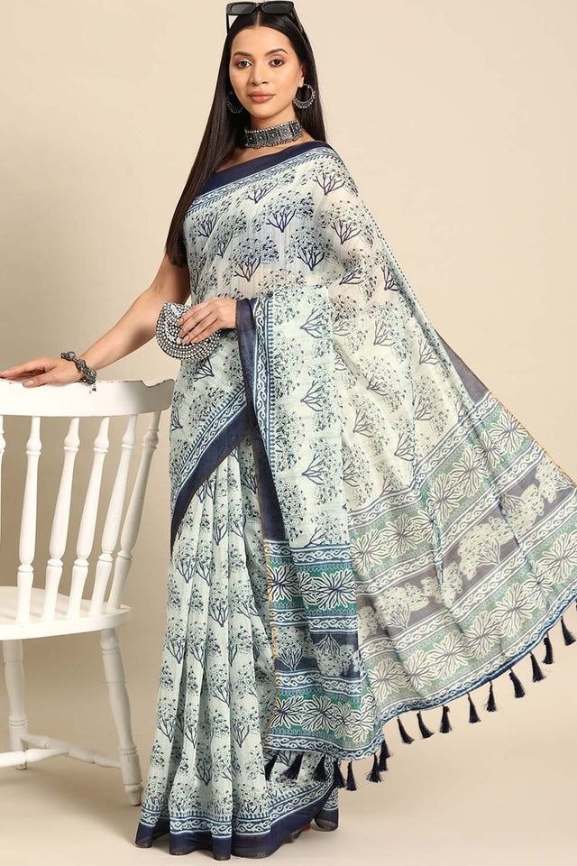 White Printed Cotton Blend Saree