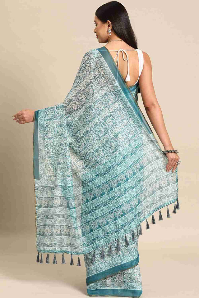 Teal Printed Cotton Blend Saree (SZ-INDIGO-1521)