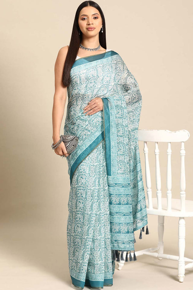 Teal Printed Cotton Blend Saree (SZ-INDIGO-1521)