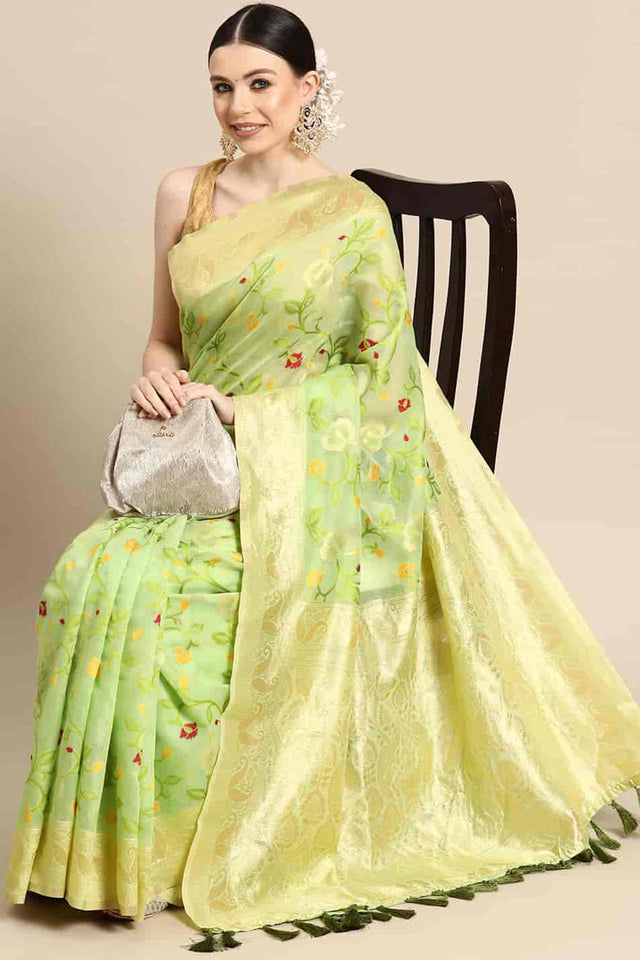 Green Cotton Woven Design Saree