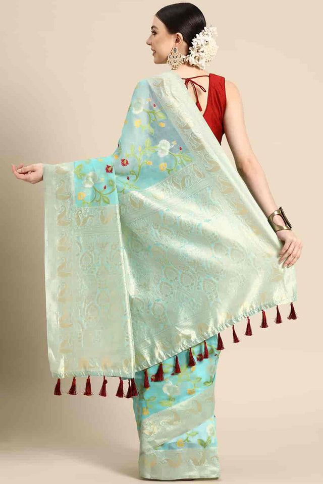Turquoise Cotton Woven Design Saree