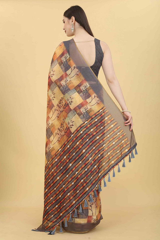 Yellow Block Print Pure Cotton Saree