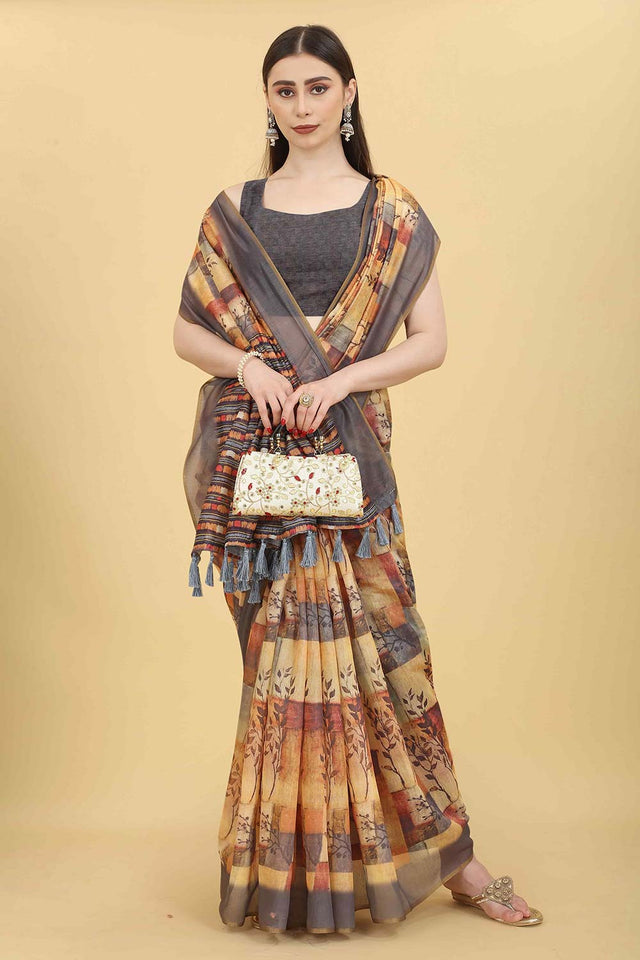 Yellow Block Print Pure Cotton Saree