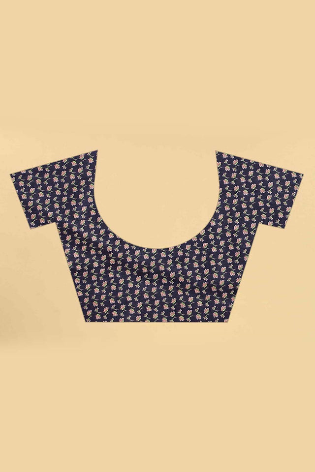 Navy Blue Block Print Pure Cotton Saree