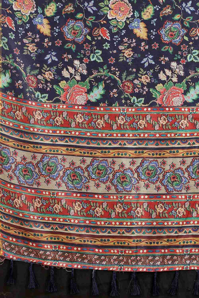 Navy Blue Block Print Pure Cotton Saree