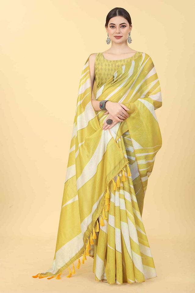 Yellow Zari Cotton Blend Saree