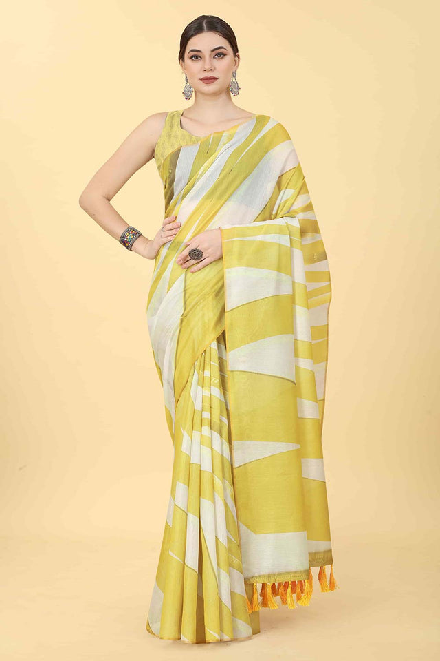 Yellow Zari Cotton Blend Saree