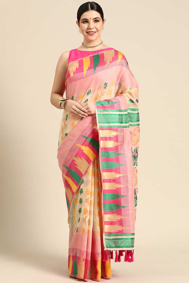 Pink Cotton Woven Saree