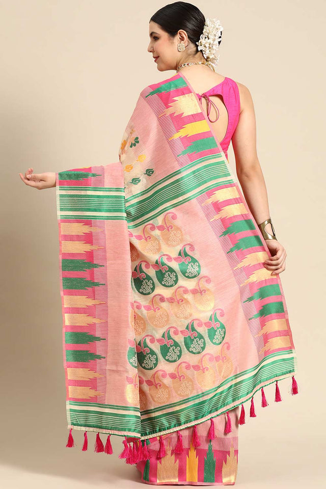 Pink Cotton Woven Saree