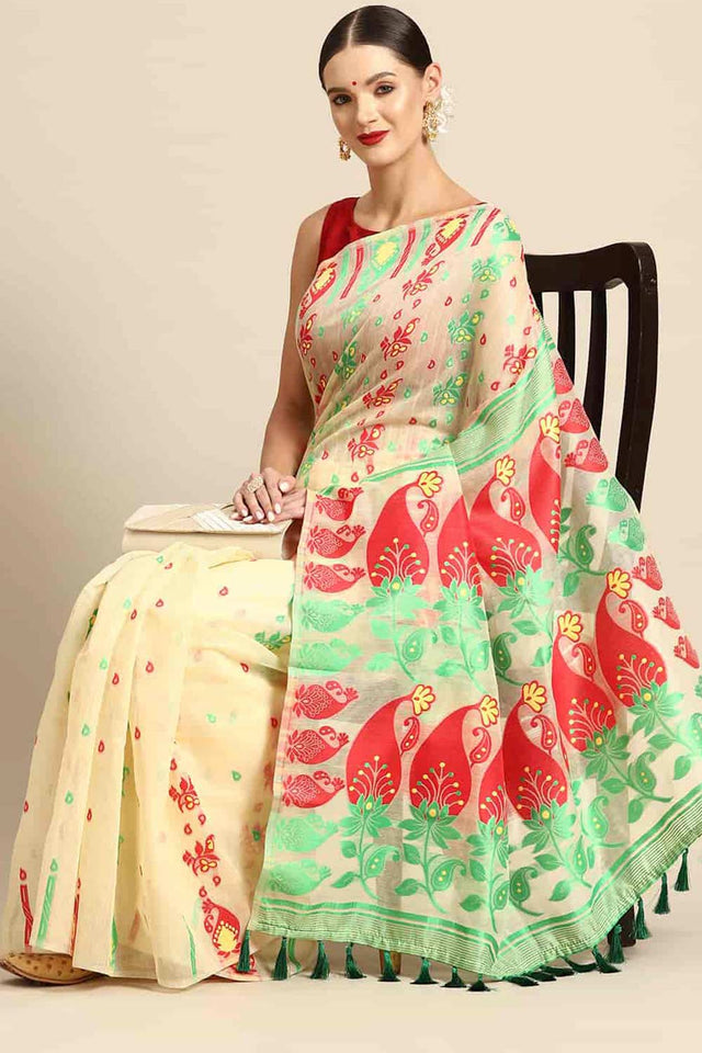 Beige Cotton Woven Saree