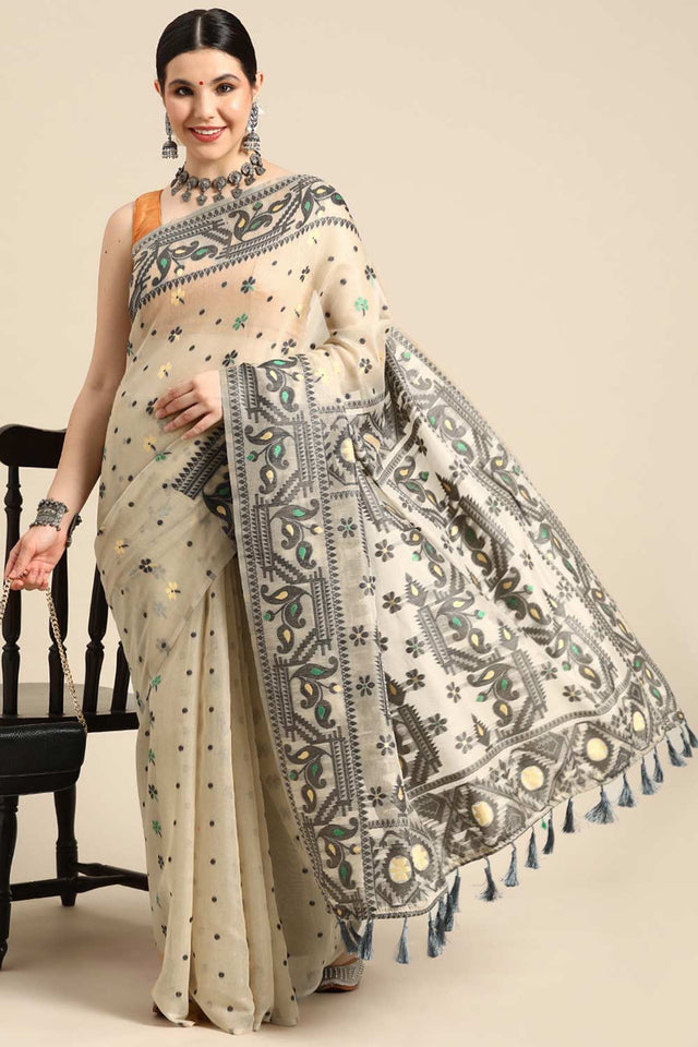 Beige Cotton Woven Saree
