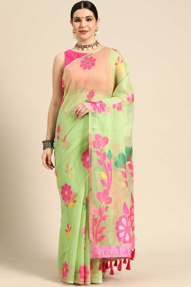 Green Cotton Woven Saree