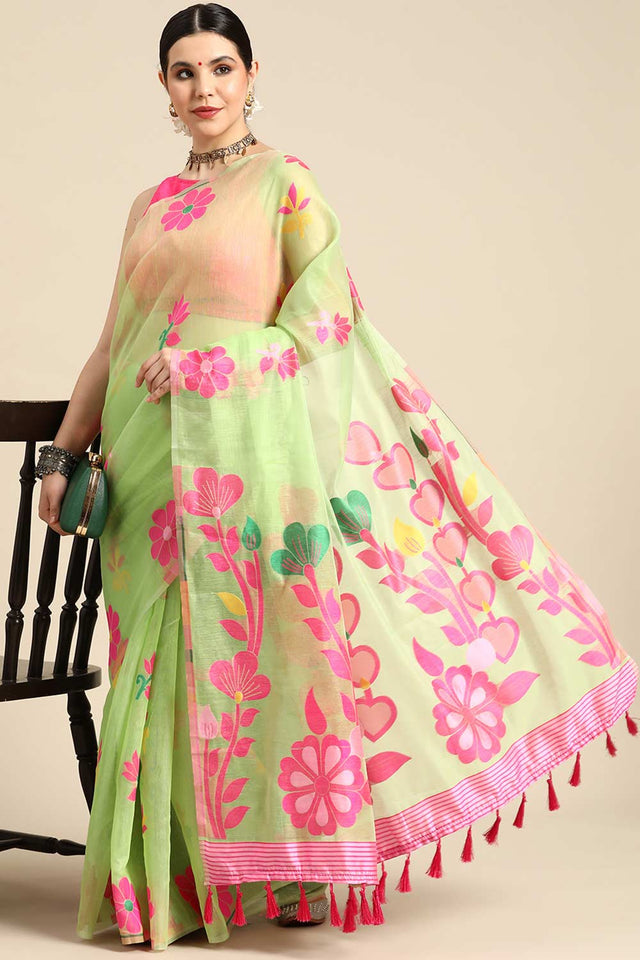 Green Cotton Woven Saree