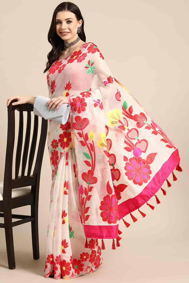 Off White Cotton Woven Design Saree