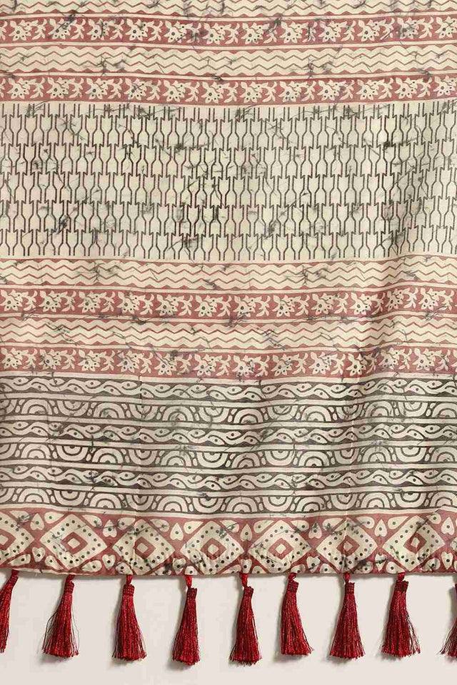 Cream Block Print Cotton Blend Saree