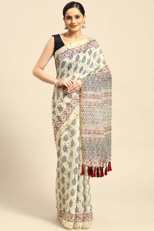 Cream Block Print Cotton Blend Saree