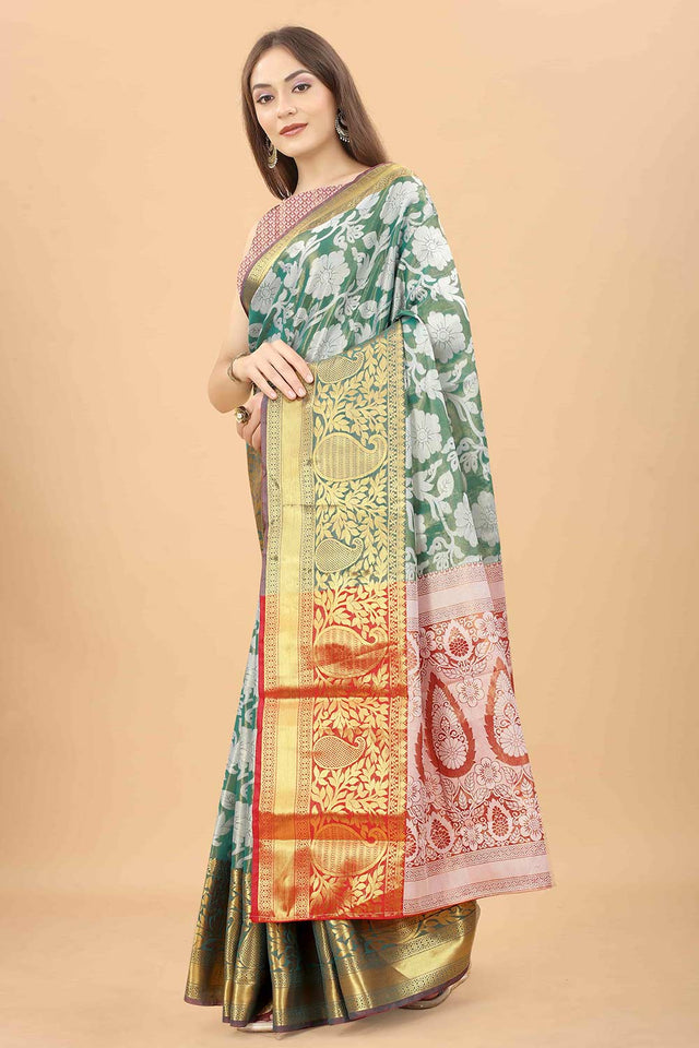Buy Teal Zari Tissue Floral Printed Handloom Saree Saree Online