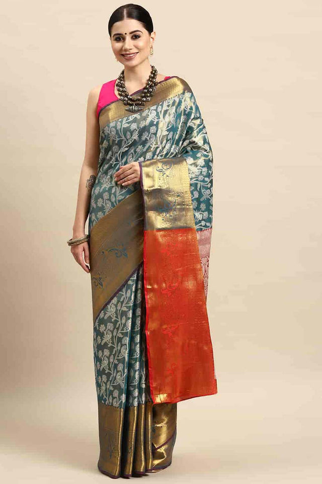 Teal Woven Brocade Saree