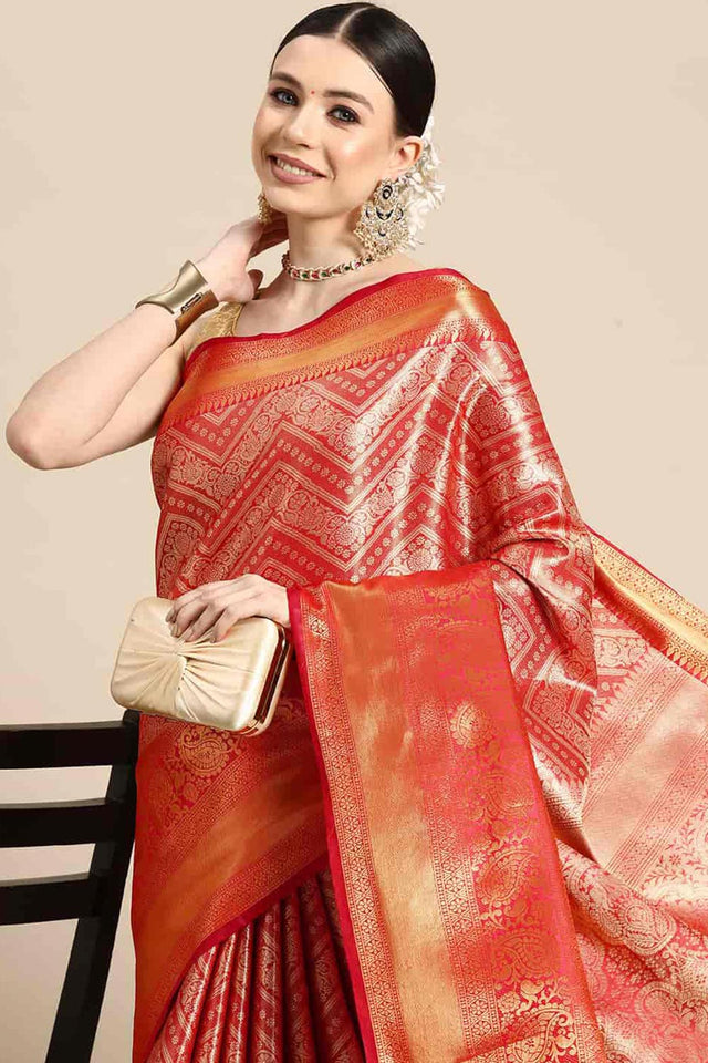 Red Brocade Woven Design Saree