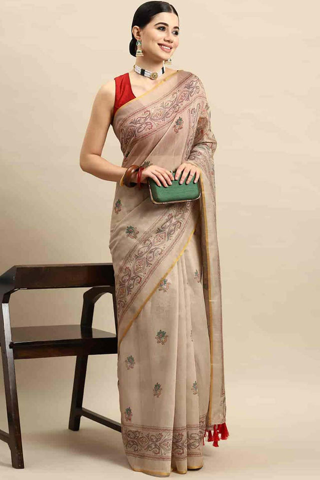 Beige Printed Cotton Blend Saree