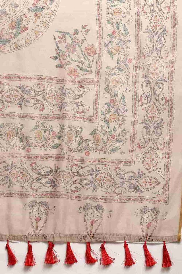 Beige Printed Cotton Blend Saree