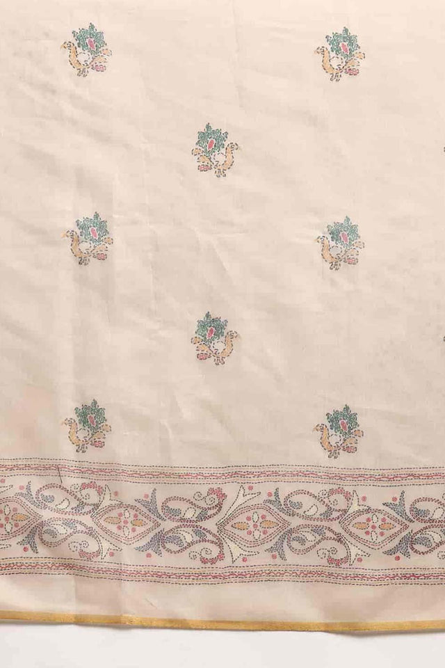 Beige Printed Cotton Blend Saree