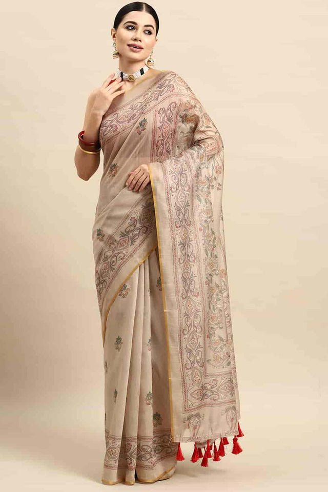 Beige Printed Cotton Blend Saree