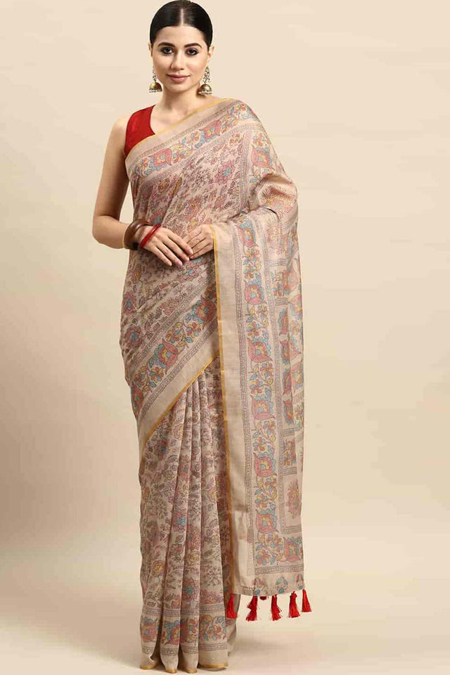 Beige Printed Cotton Blend Saree