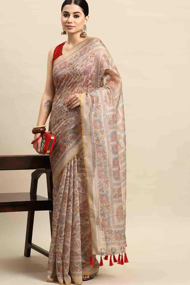 Beige Printed Cotton Blend Saree