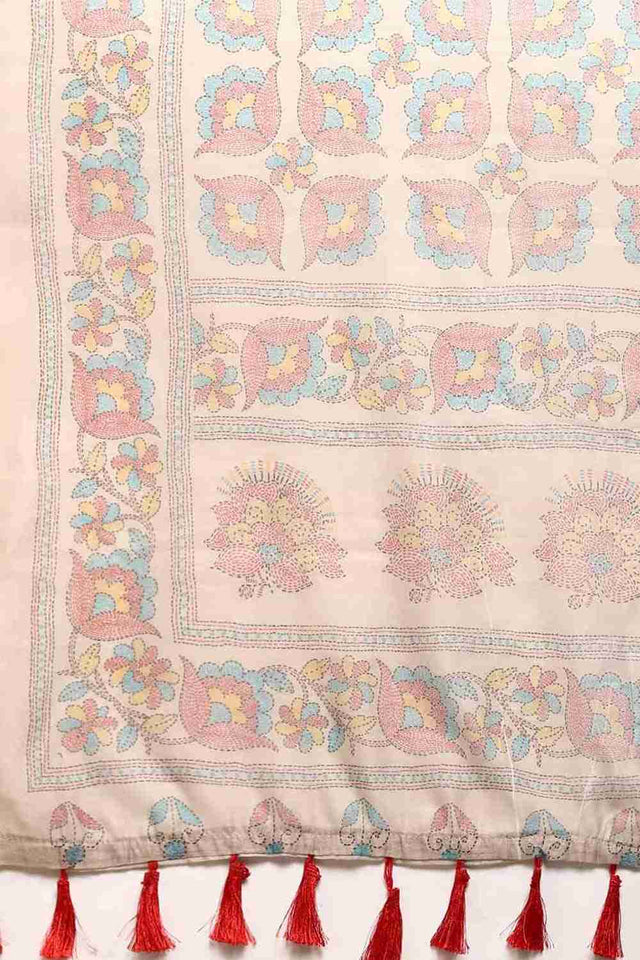 Beige Printed Cotton Blend Saree
