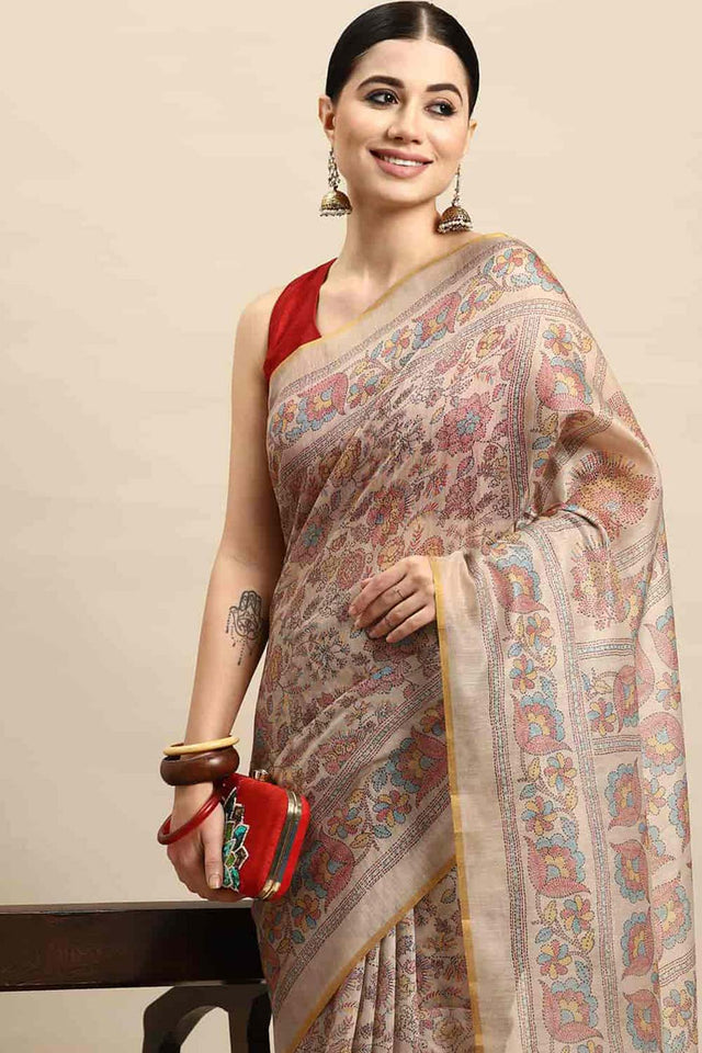 Beige Printed Cotton Blend Saree