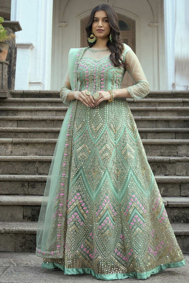 Buy Turquoise Net Embroidered Anarkali Suit Set Online - KARMAPLACE