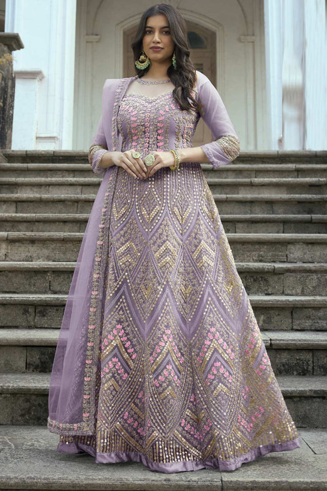 Buy Light Lavender Net Embroidered Anarkali Suit Set Online - KARMAPLACE