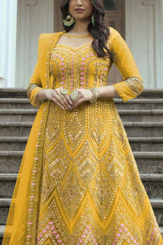 Yellow Net Embroidered Gown