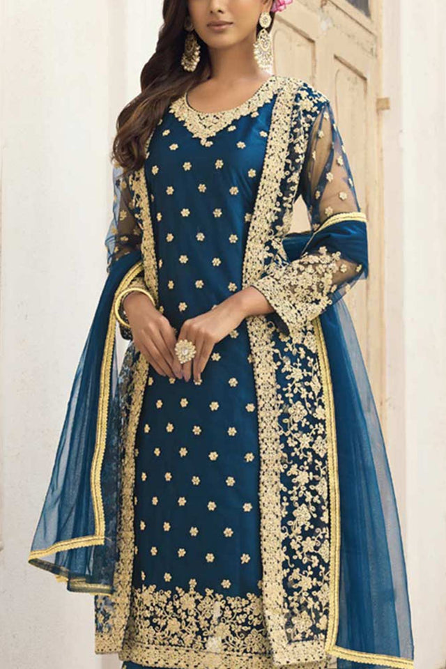 Buy teal-blue net resham embroidery Pant Suit Set Online - Back