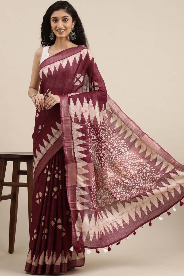 Cotton Blend Batik Saree In Purple