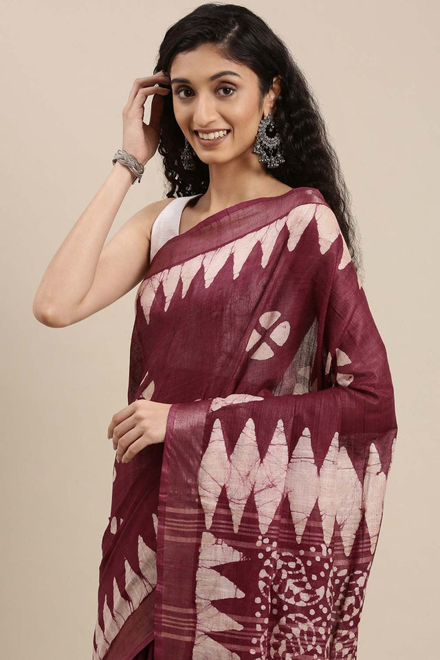 Cotton Blend Batik Saree In Purple