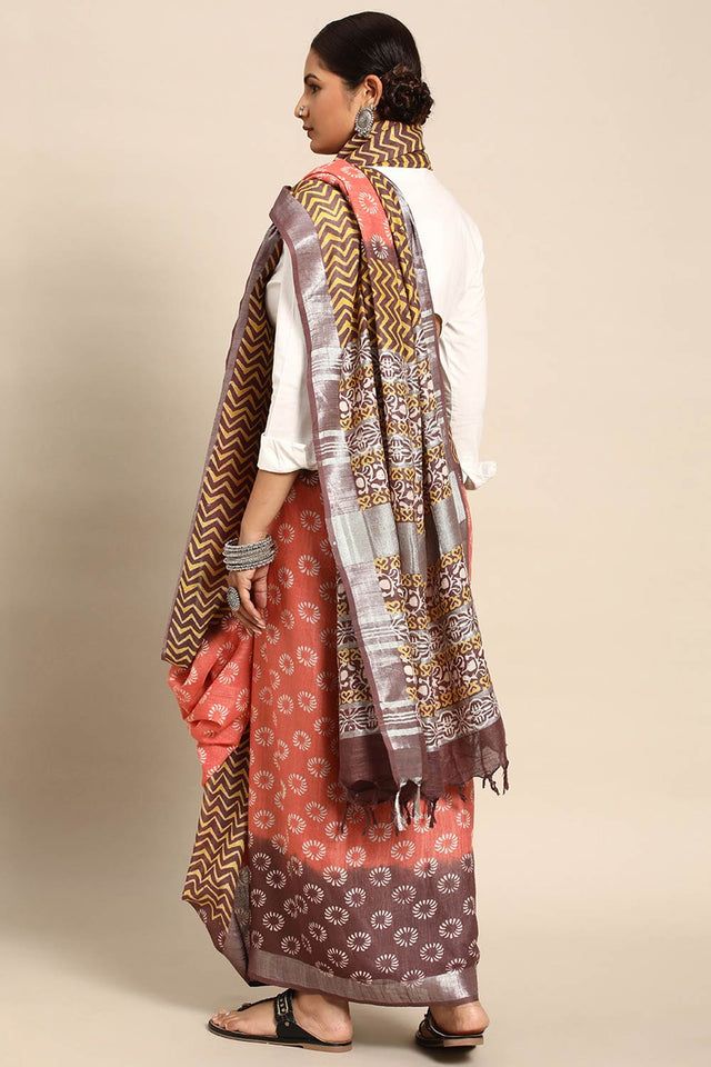 Peach Cotton Indian Saree